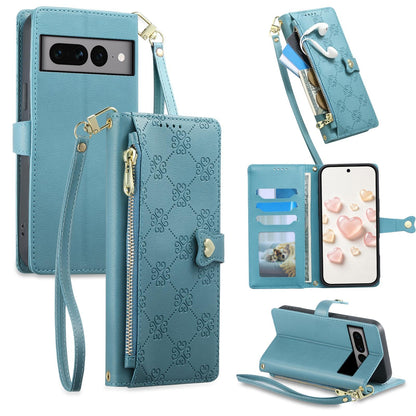 For Google Pixel 7 Pro 5G Zipper Wallet Heart Buckle Vegan Leather Phone Case with Wrist Strap(Lake Blue)