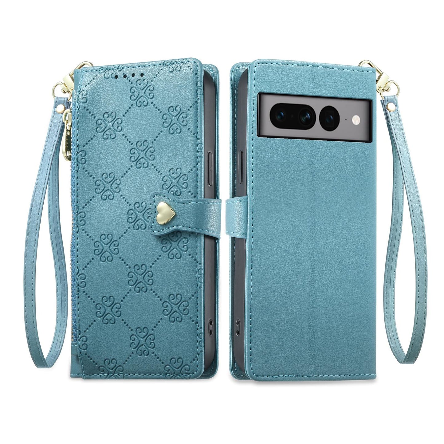 For Google Pixel 7 Pro 5G Zipper Wallet Heart Buckle Vegan Leather Phone Case with Wrist Strap(Lake Blue)