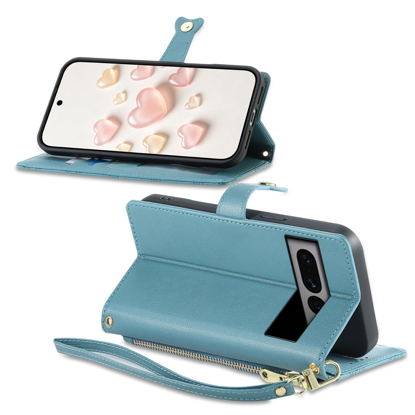 For Google Pixel 7 Pro 5G Zipper Wallet Heart Buckle Vegan Leather Phone Case with Wrist Strap(Lake Blue)