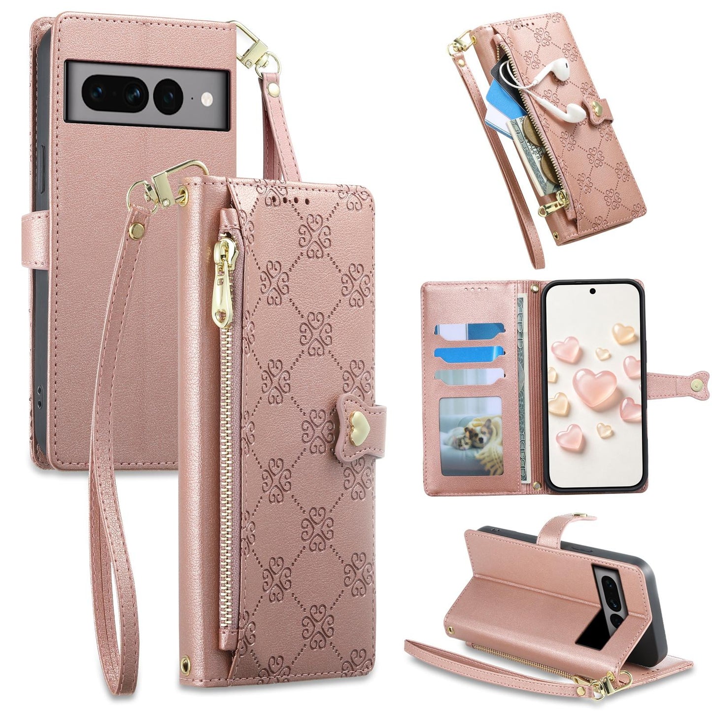 For Google Pixel 7 Pro 5G Zipper Wallet Heart Buckle Vegan Leather Phone Case with Wrist Strap(Pink)
