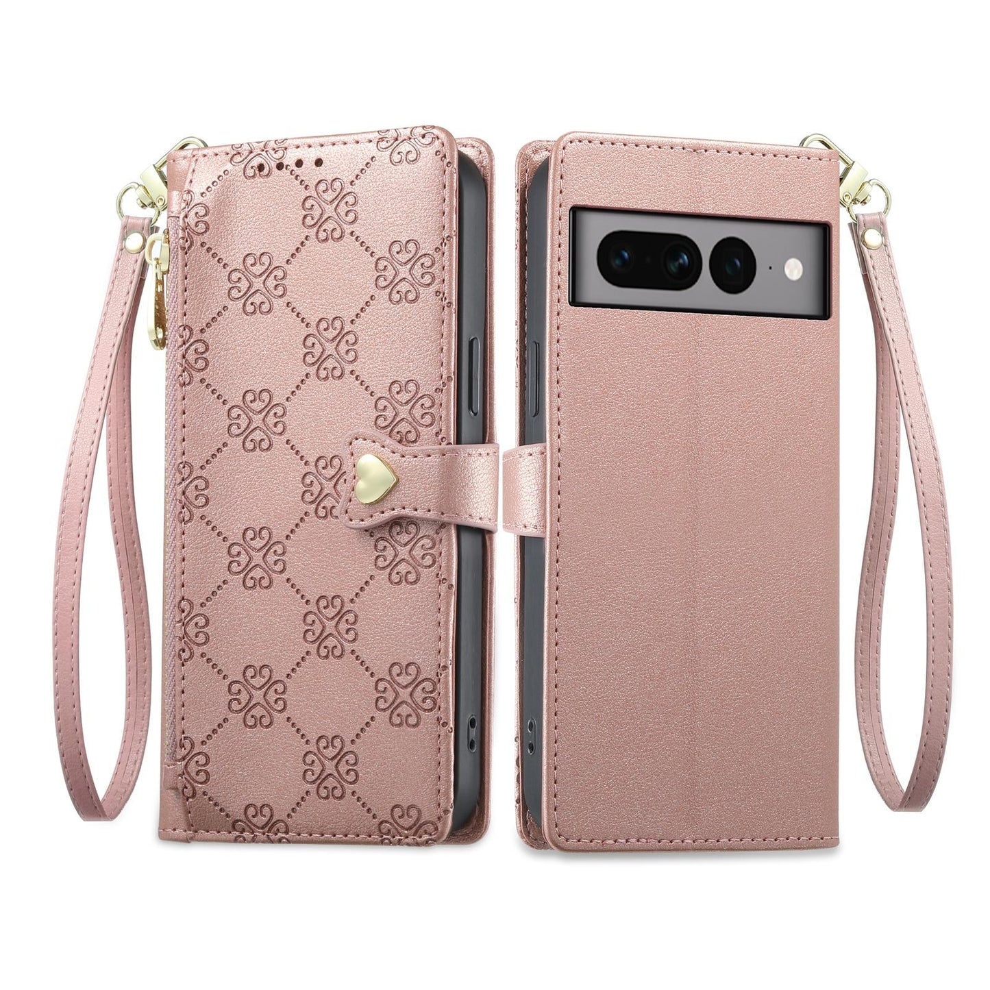 For Google Pixel 7 Pro 5G Zipper Wallet Heart Buckle Vegan Leather Phone Case with Wrist Strap(Pink)