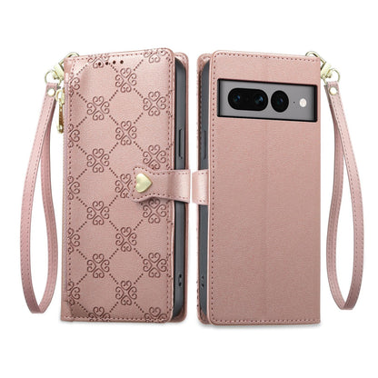 For Google Pixel 7 Pro 5G Zipper Wallet Heart Buckle Vegan Leather Phone Case with Wrist Strap(Pink)