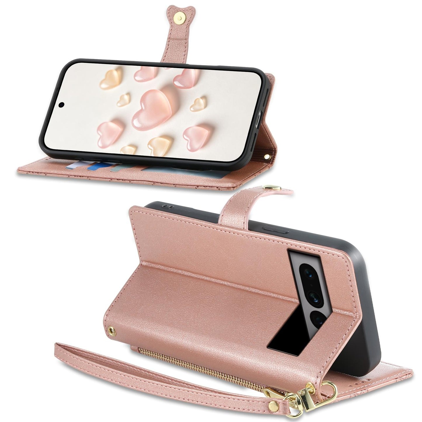 For Google Pixel 7 Pro 5G Zipper Wallet Heart Buckle Vegan Leather Phone Case with Wrist Strap(Pink)