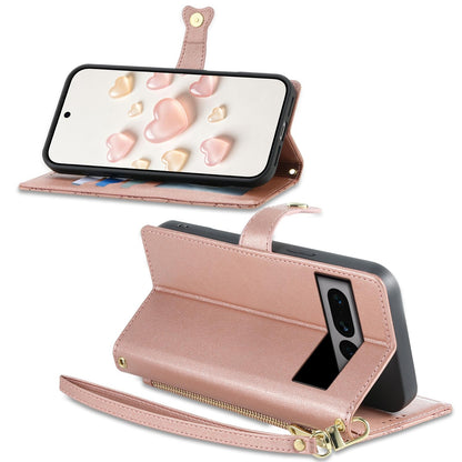 For Google Pixel 7 Pro 5G Zipper Wallet Heart Buckle Vegan Leather Phone Case with Wrist Strap(Pink)