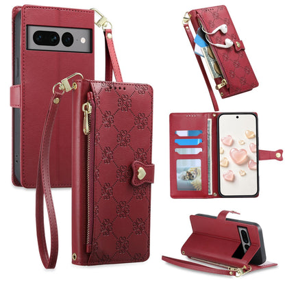 For Google Pixel 7 Pro 5G Zipper Wallet Heart Buckle Vegan Leather Phone Case with Wrist Strap(Red)