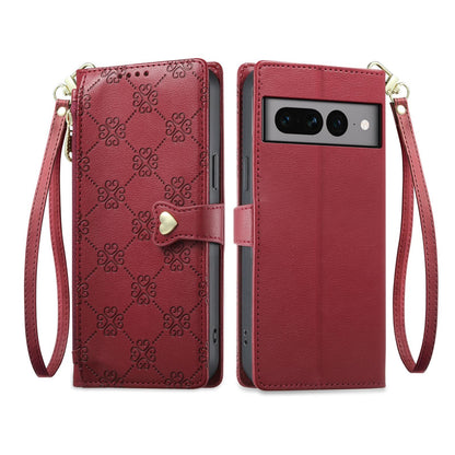 For Google Pixel 7 Pro 5G Zipper Wallet Heart Buckle Vegan Leather Phone Case with Wrist Strap(Red)
