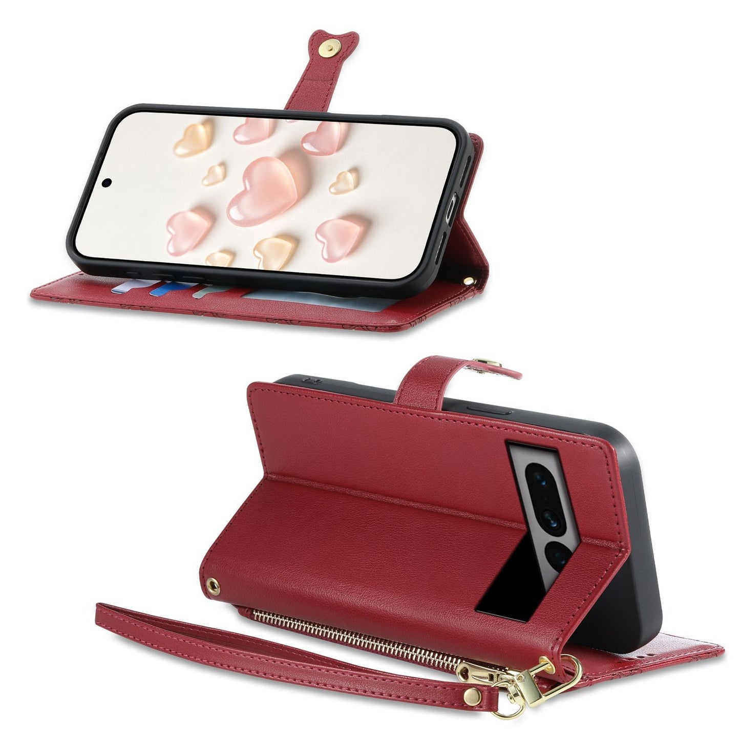 For Google Pixel 7 Pro 5G Zipper Wallet Heart Buckle Vegan Leather Phone Case with Wrist Strap(Red)