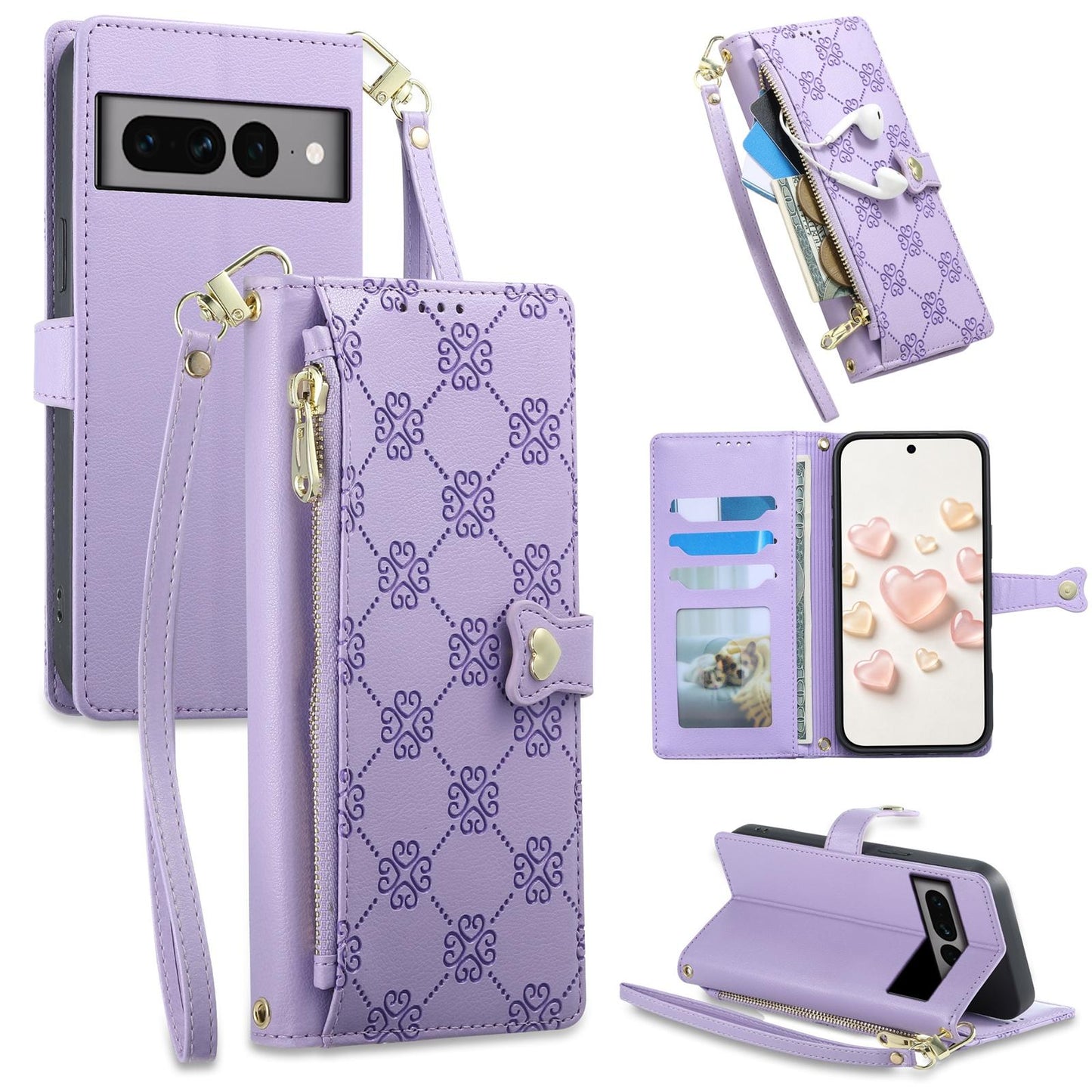 For Google Pixel 7 Pro 5G Zipper Wallet Heart Buckle Vegan Leather Phone Case with Wrist Strap(Purple)