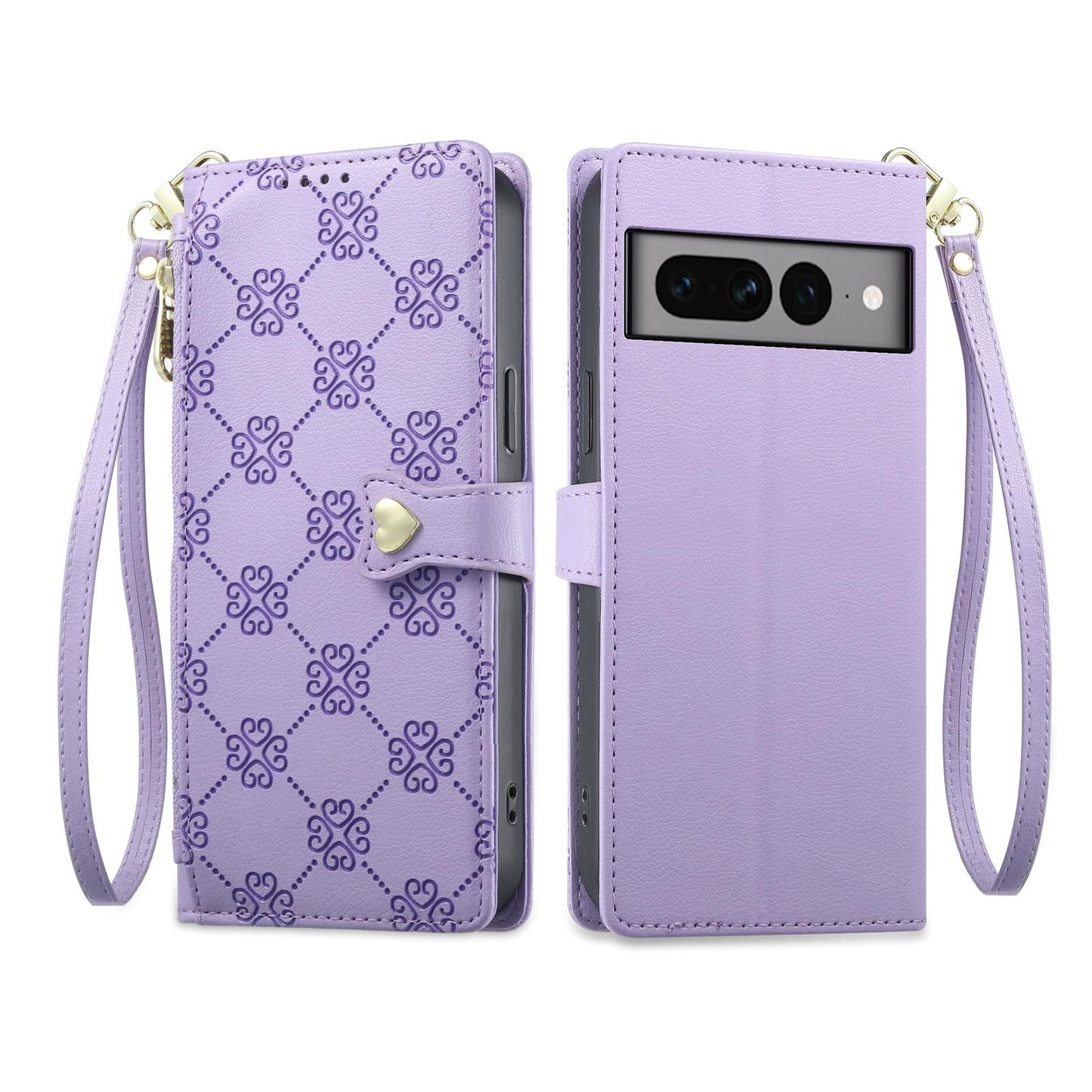 For Google Pixel 7 Pro 5G Zipper Wallet Heart Buckle Vegan Leather Phone Case with Wrist Strap(Purple)