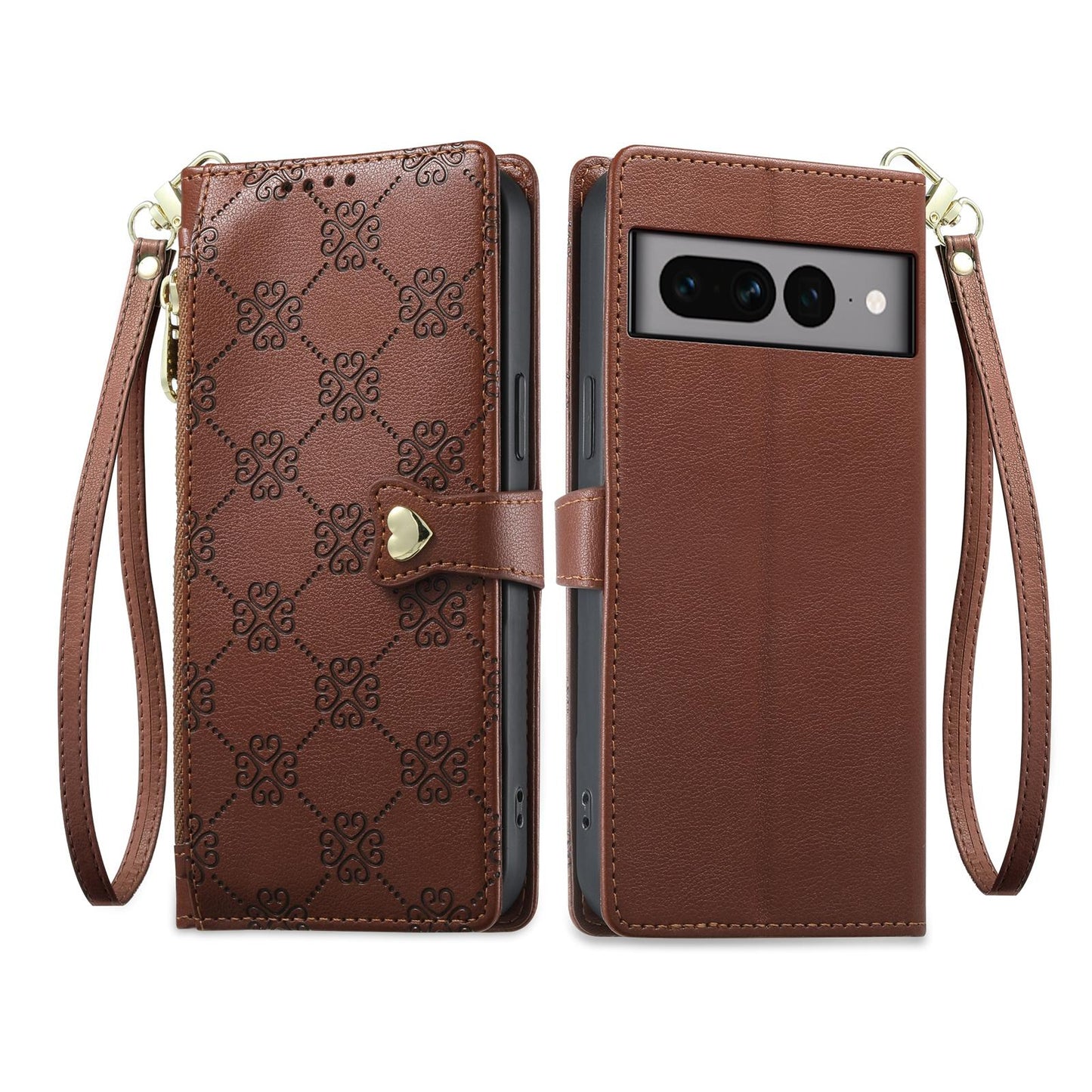 For Google Pixel 7 Pro 5G Zipper Wallet Heart Buckle Vegan Leather Phone Case with Wrist Strap(Brown)
