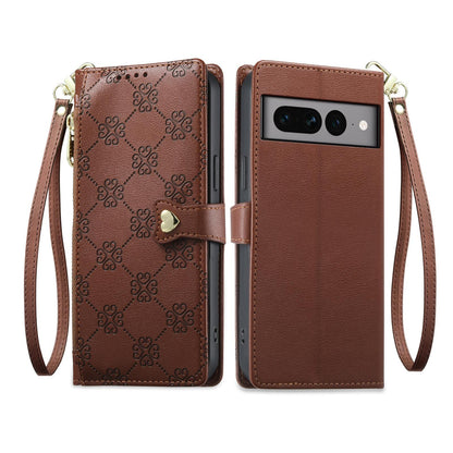 For Google Pixel 7 Pro 5G Zipper Wallet Heart Buckle Vegan Leather Phone Case with Wrist Strap(Brown)