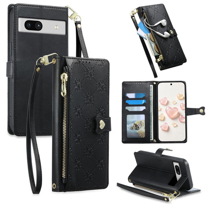 For Google Pixel 7a Zipper Wallet Heart Buckle Vegan Leather Phone Case with Wrist Strap(Black)