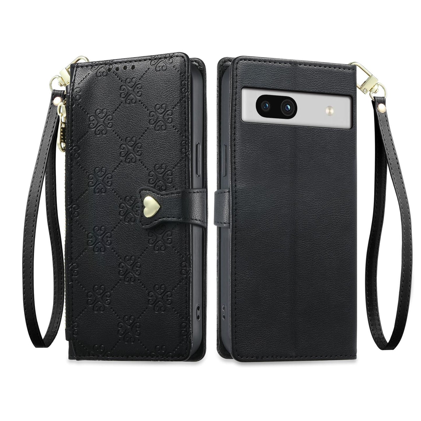 For Google Pixel 7a Zipper Wallet Heart Buckle Vegan Leather Phone Case with Wrist Strap(Black)
