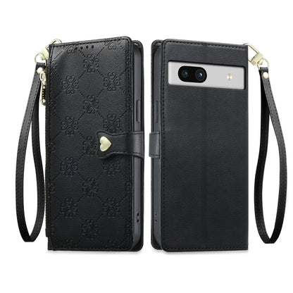 For Google Pixel 7a Zipper Wallet Heart Buckle Vegan Leather Phone Case with Wrist Strap(Black)