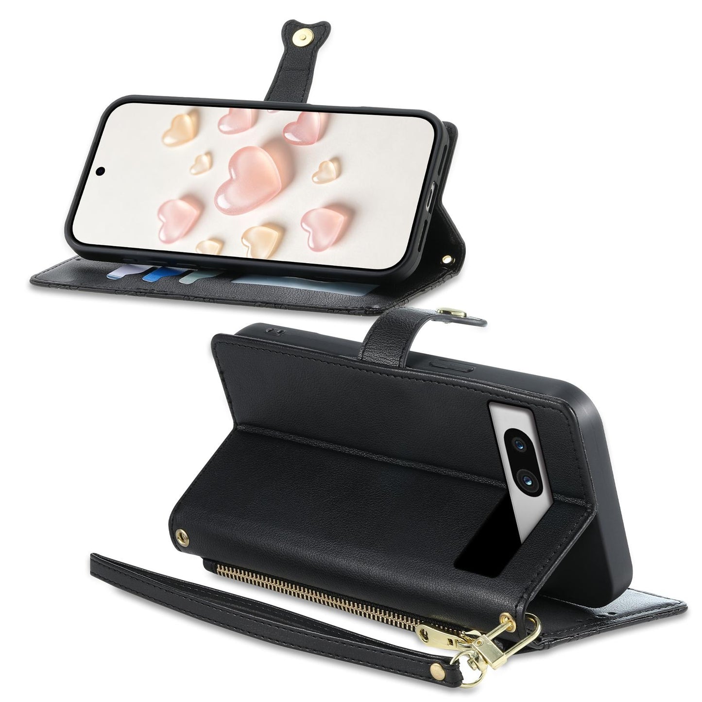 For Google Pixel 7a Zipper Wallet Heart Buckle Vegan Leather Phone Case with Wrist Strap(Black)