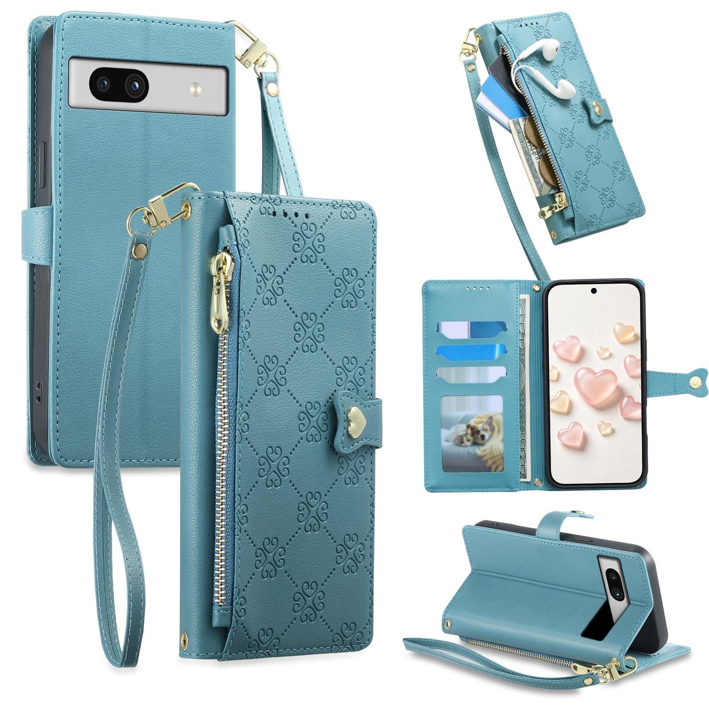 For Google Pixel 7a Zipper Wallet Heart Buckle Vegan Leather Phone Case with Wrist Strap(Lake Blue)