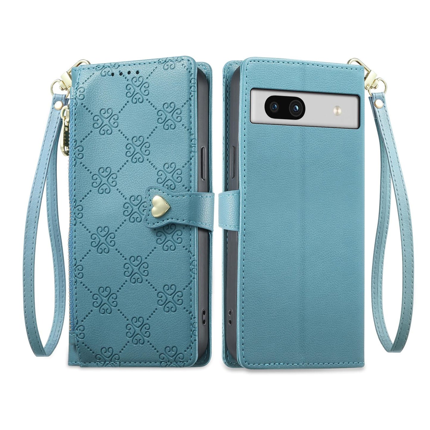 For Google Pixel 7a Zipper Wallet Heart Buckle Vegan Leather Phone Case with Wrist Strap(Lake Blue)
