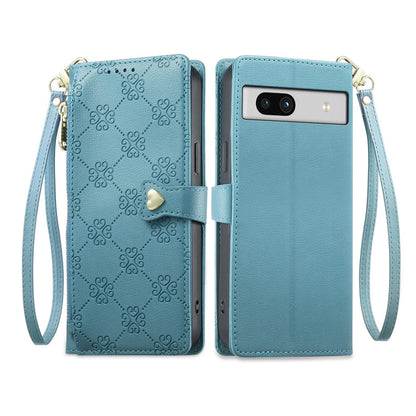 For Google Pixel 7a Zipper Wallet Heart Buckle Vegan Leather Phone Case with Wrist Strap(Lake Blue)