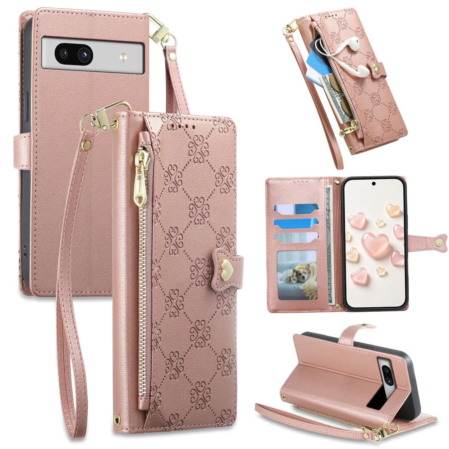 For Google Pixel 7a Zipper Wallet Heart Buckle Vegan Leather Phone Case with Wrist Strap(Pink)