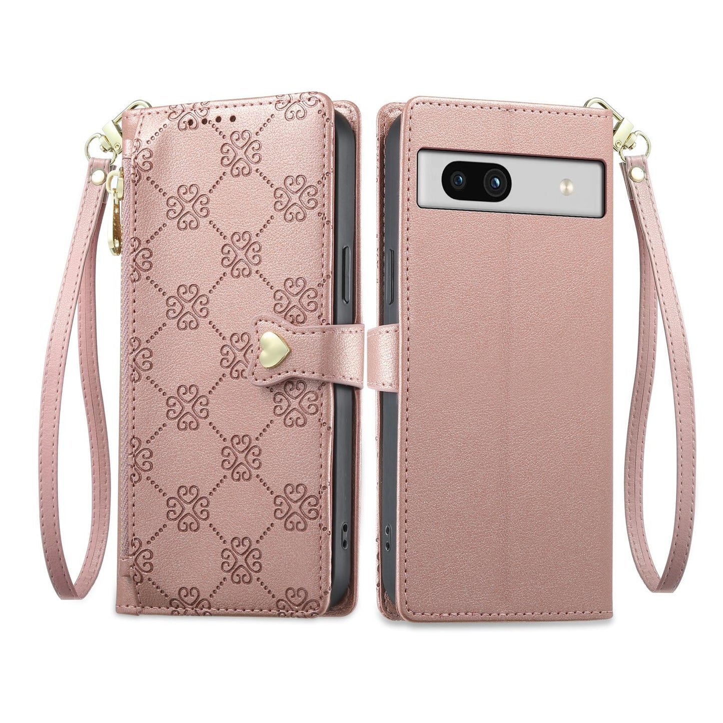 For Google Pixel 7a Zipper Wallet Heart Buckle Vegan Leather Phone Case with Wrist Strap(Pink)