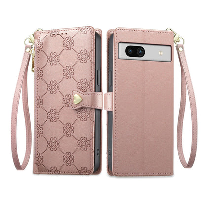 For Google Pixel 7a Zipper Wallet Heart Buckle Vegan Leather Phone Case with Wrist Strap(Pink)
