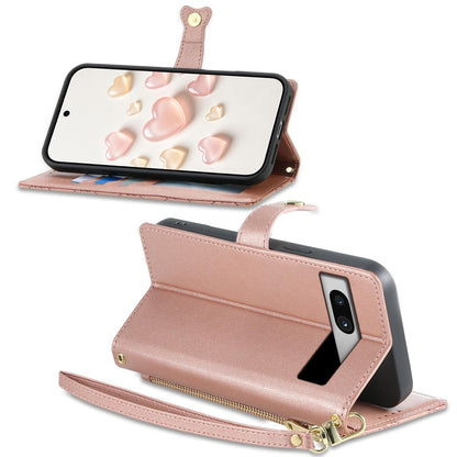For Google Pixel 7a Zipper Wallet Heart Buckle Vegan Leather Phone Case with Wrist Strap(Pink)