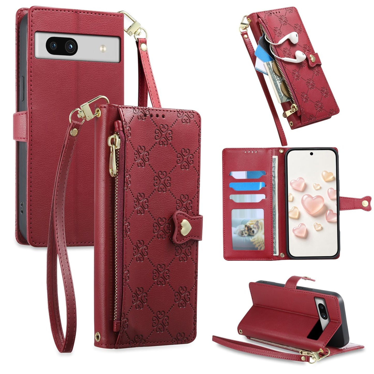 For Google Pixel 7a Zipper Wallet Heart Buckle Vegan Leather Phone Case with Wrist Strap(Red)