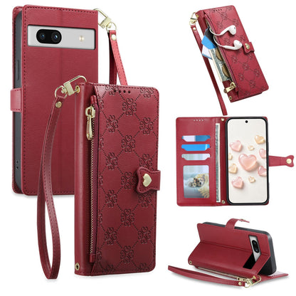 For Google Pixel 7a Zipper Wallet Heart Buckle Vegan Leather Phone Case with Wrist Strap(Red)