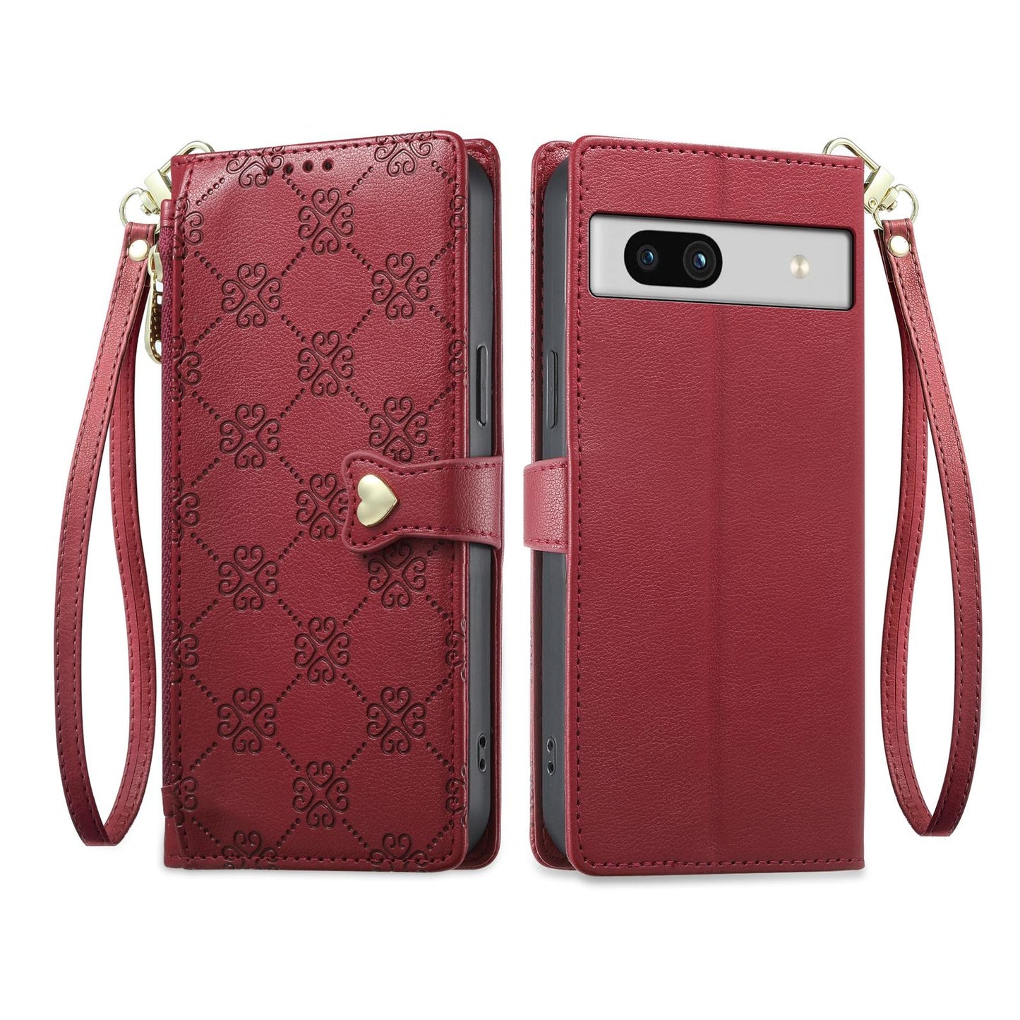 For Google Pixel 7a Zipper Wallet Heart Buckle Vegan Leather Phone Case with Wrist Strap(Red)