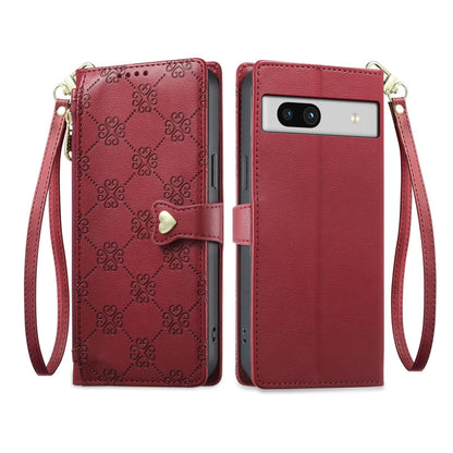 For Google Pixel 7a Zipper Wallet Heart Buckle Vegan Leather Phone Case with Wrist Strap(Red)
