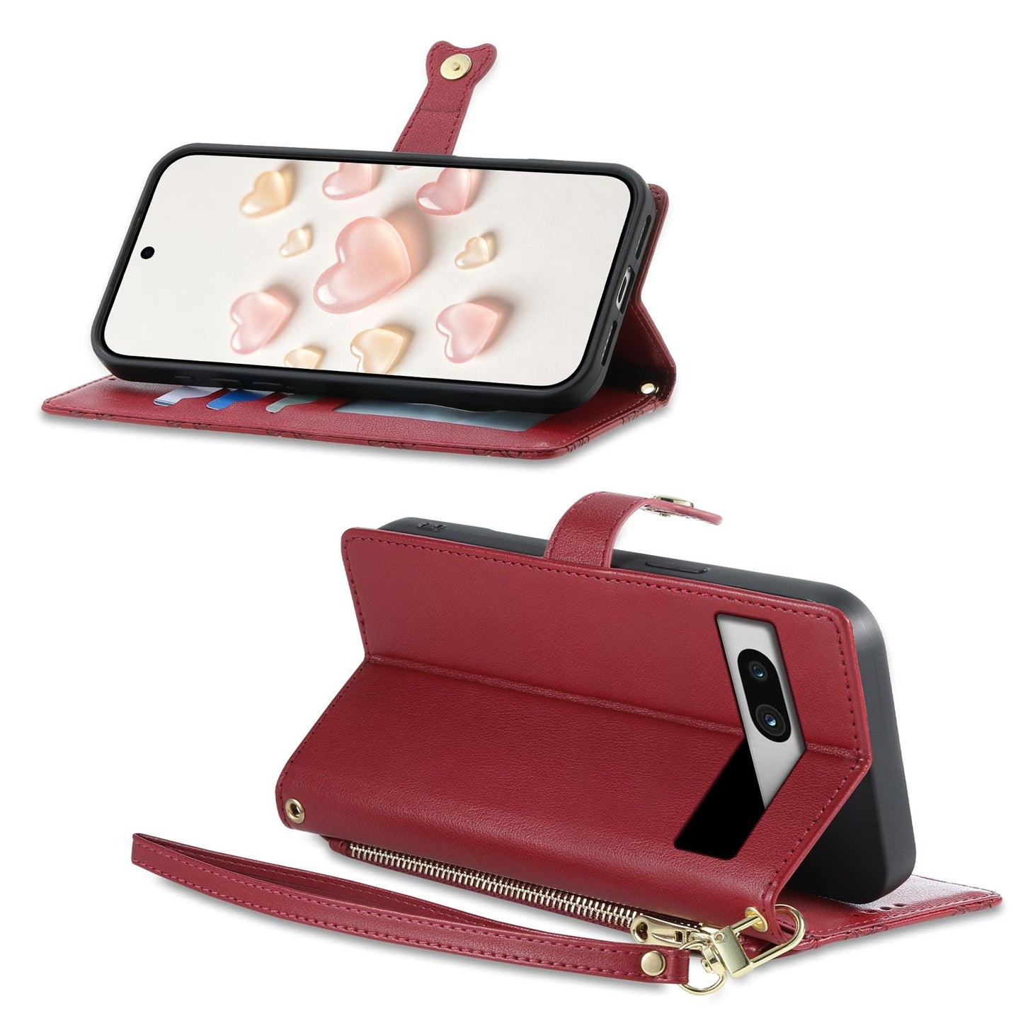 For Google Pixel 7a Zipper Wallet Heart Buckle Vegan Leather Phone Case with Wrist Strap(Red)