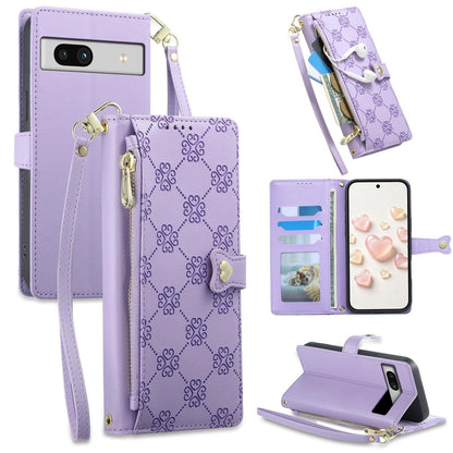 For Google Pixel 7a Zipper Wallet Heart Buckle Vegan Leather Phone Case with Wrist Strap(Purple)