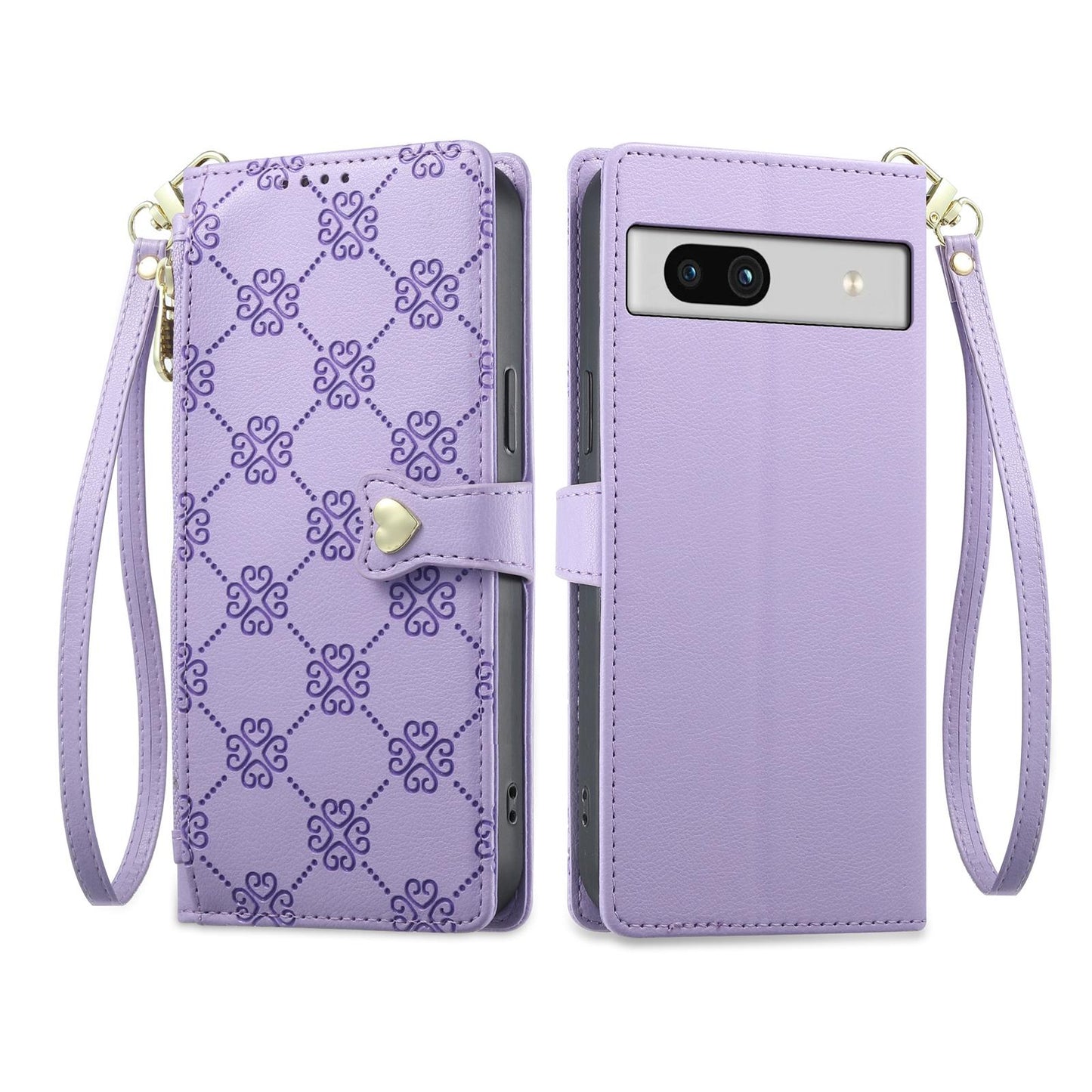 For Google Pixel 7a Zipper Wallet Heart Buckle Vegan Leather Phone Case with Wrist Strap(Purple)