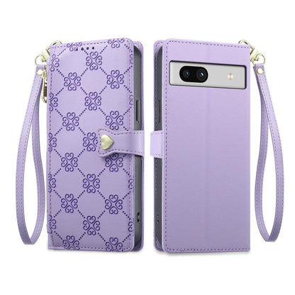 For Google Pixel 7a Zipper Wallet Heart Buckle Vegan Leather Phone Case with Wrist Strap(Purple)