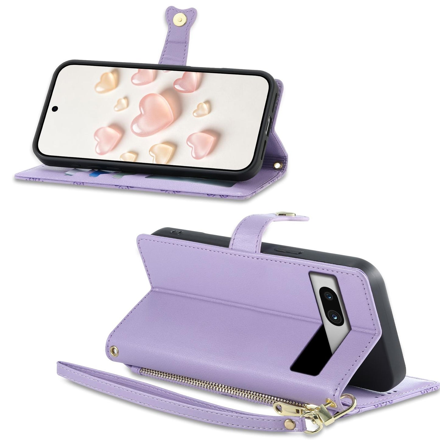 For Google Pixel 7a Zipper Wallet Heart Buckle Vegan Leather Phone Case with Wrist Strap(Purple)