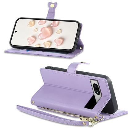 For Google Pixel 7a Zipper Wallet Heart Buckle Vegan Leather Phone Case with Wrist Strap(Purple)