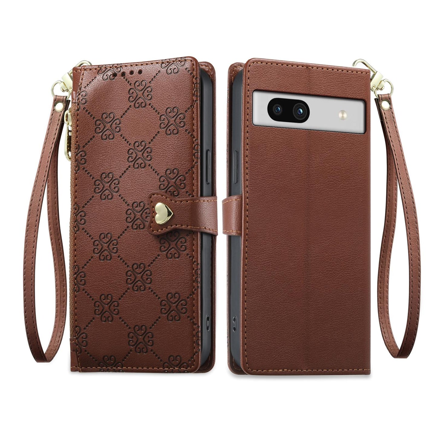 For Google Pixel 7a Zipper Wallet Heart Buckle Vegan Leather Phone Case with Wrist Strap(Brown)