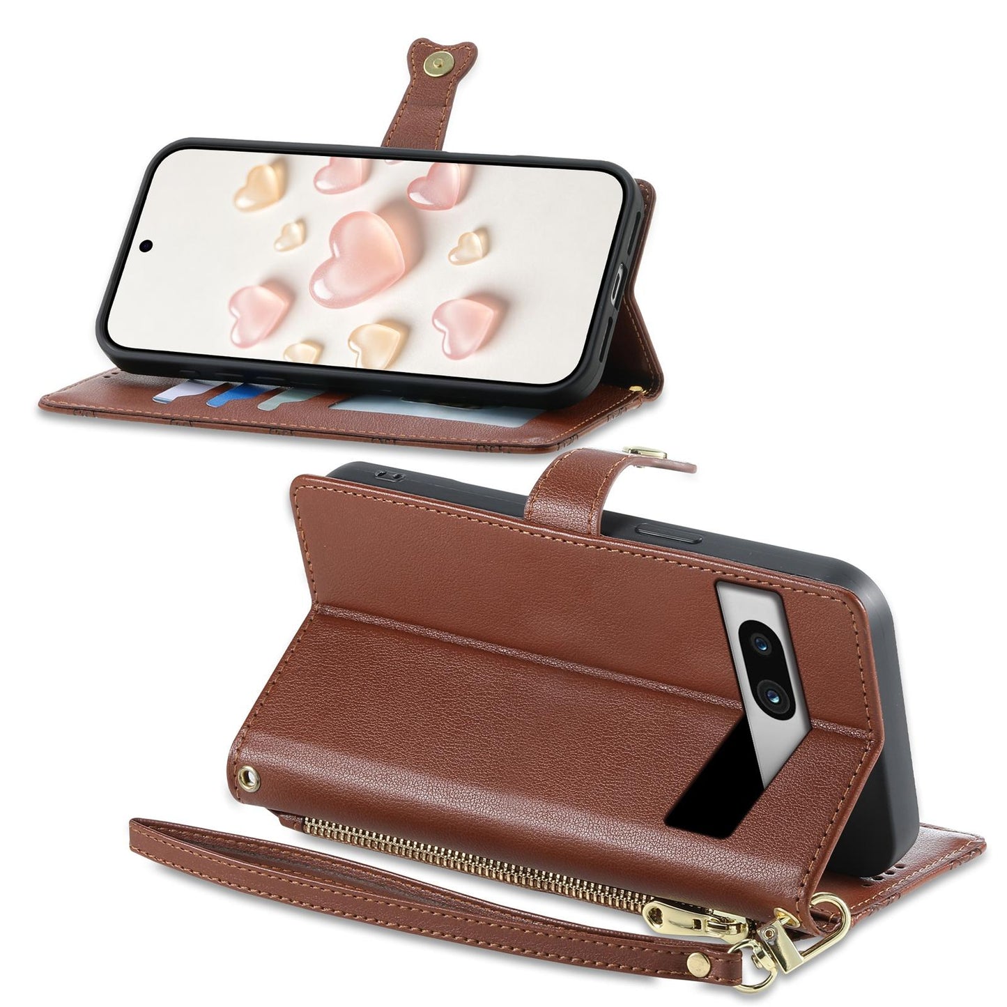 For Google Pixel 7a Zipper Wallet Heart Buckle Vegan Leather Phone Case with Wrist Strap(Brown)