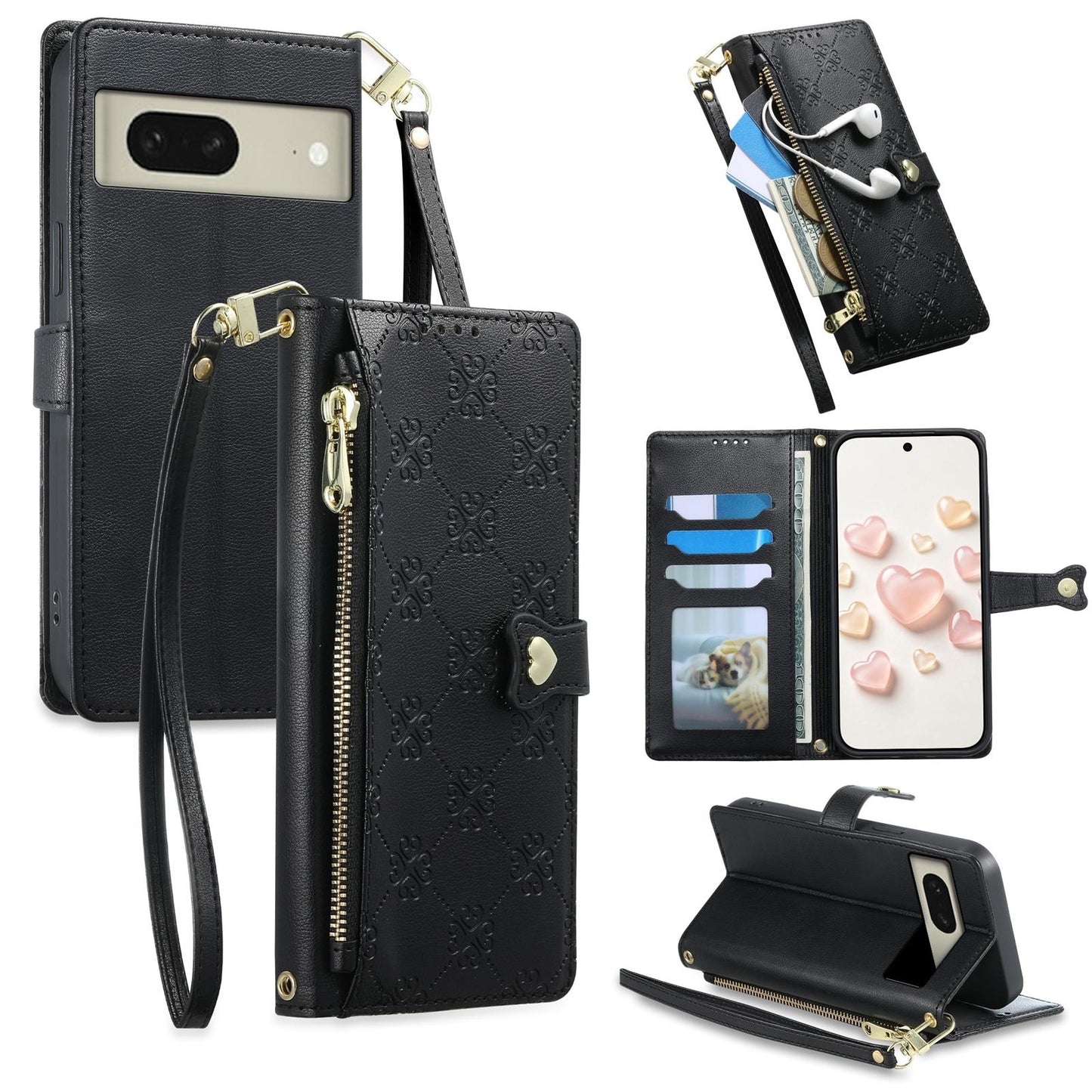 For Google Pixel 8 Zipper Wallet Heart Buckle Vegan Leather Phone Case with Wrist Strap(Black)