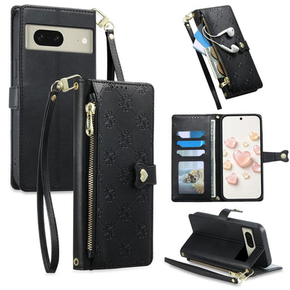 For Google Pixel 8 Zipper Wallet Heart Buckle Vegan Leather Phone Case with Wrist Strap(Black)