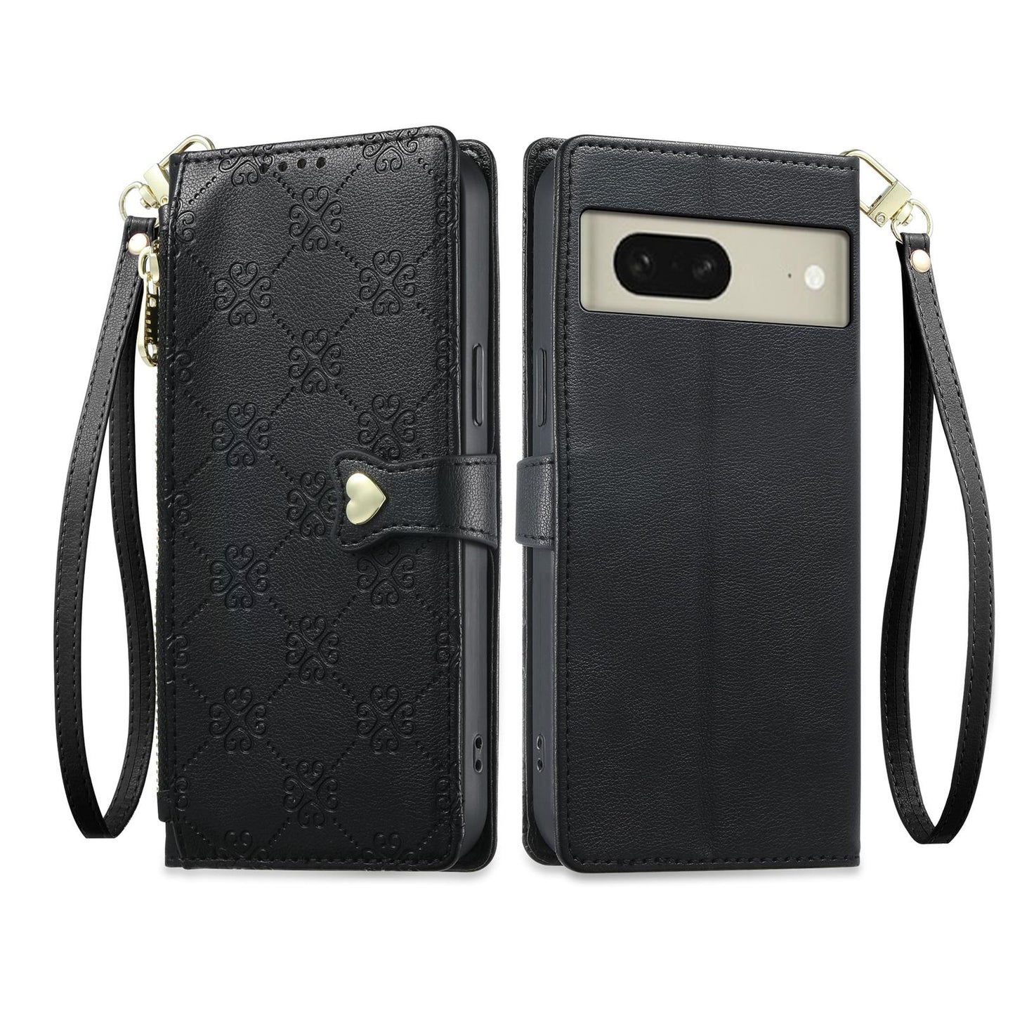 For Google Pixel 8 Zipper Wallet Heart Buckle Vegan Leather Phone Case with Wrist Strap(Black)