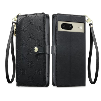 For Google Pixel 8 Zipper Wallet Heart Buckle Vegan Leather Phone Case with Wrist Strap(Black)
