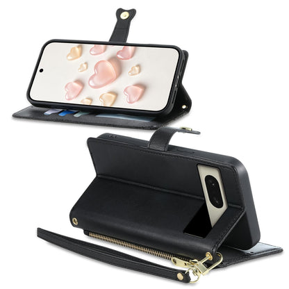 For Google Pixel 8 Zipper Wallet Heart Buckle Vegan Leather Phone Case with Wrist Strap(Black)