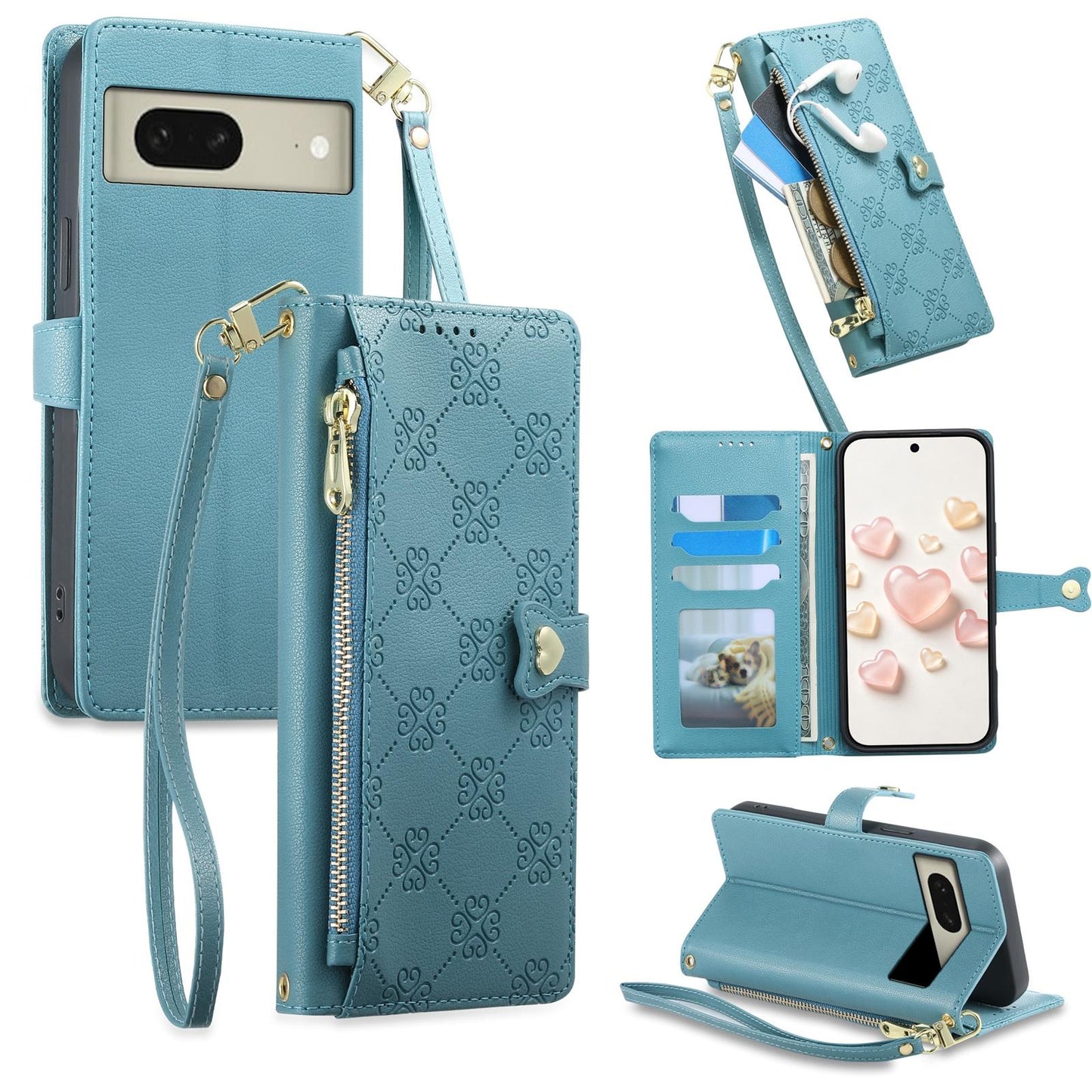 For Google Pixel 8 Zipper Wallet Heart Buckle Vegan Leather Phone Case with Wrist Strap(Lake Blue)