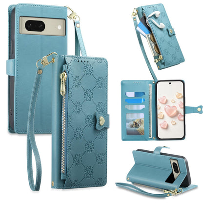 For Google Pixel 8 Zipper Wallet Heart Buckle Vegan Leather Phone Case with Wrist Strap(Lake Blue)