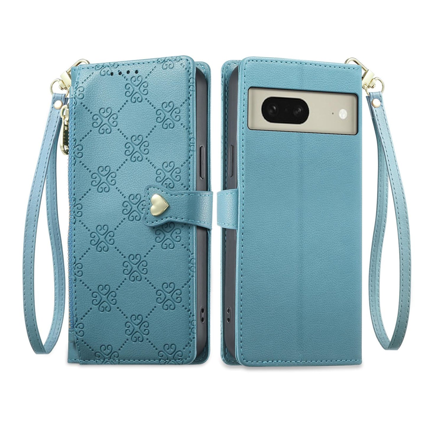 For Google Pixel 8 Zipper Wallet Heart Buckle Vegan Leather Phone Case with Wrist Strap(Lake Blue)