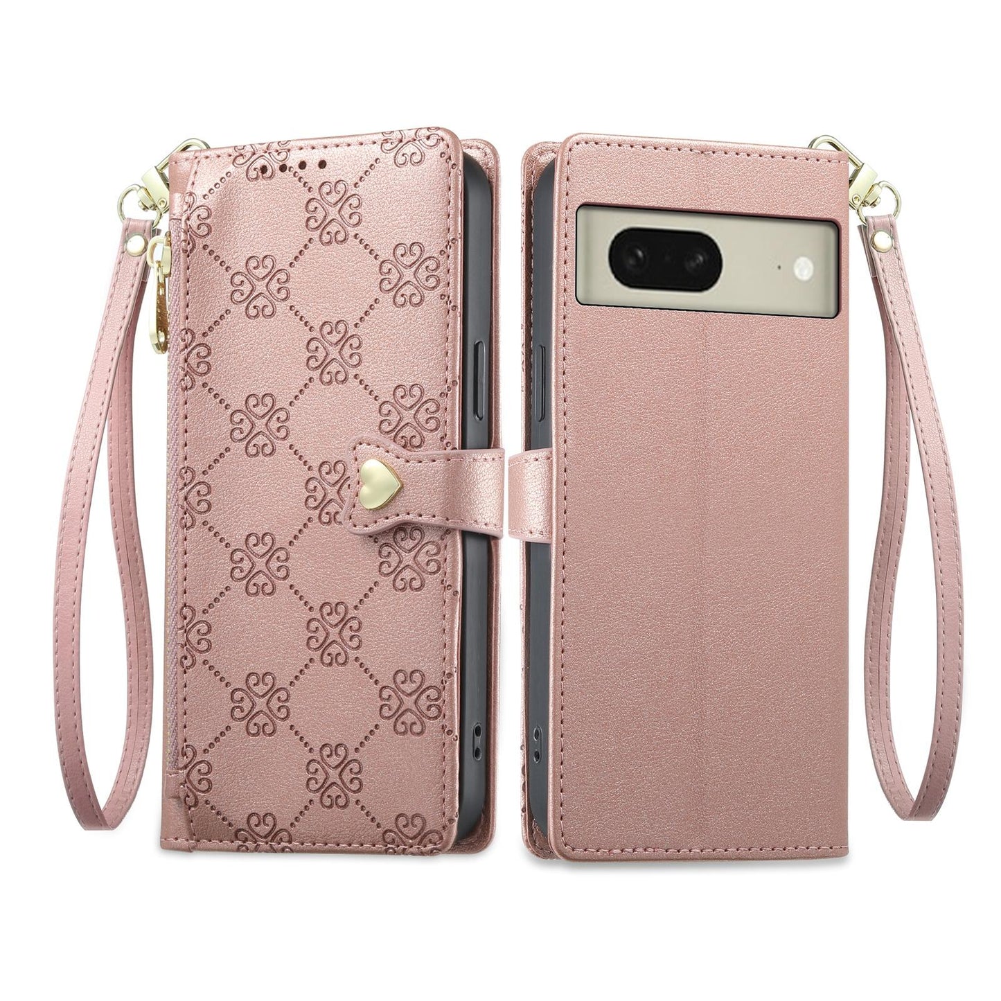 For Google Pixel 8 Zipper Wallet Heart Buckle Vegan Leather Phone Case with Wrist Strap(Pink)
