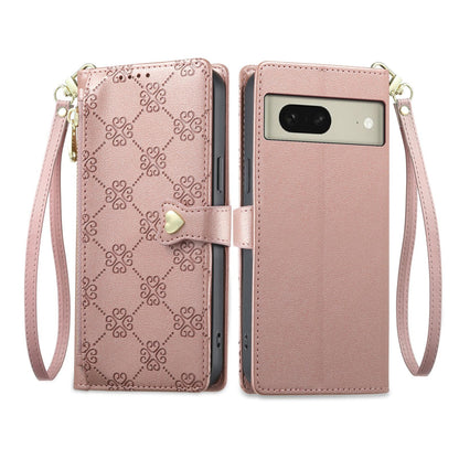 For Google Pixel 8 Zipper Wallet Heart Buckle Vegan Leather Phone Case with Wrist Strap(Pink)