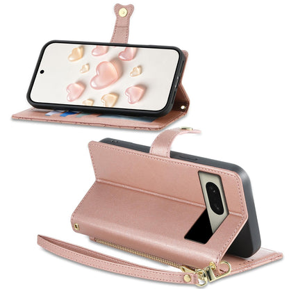 For Google Pixel 8 Zipper Wallet Heart Buckle Vegan Leather Phone Case with Wrist Strap(Pink)