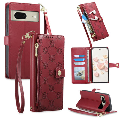 For Google Pixel 8 Zipper Wallet Heart Buckle Vegan Leather Phone Case with Wrist Strap(Red)
